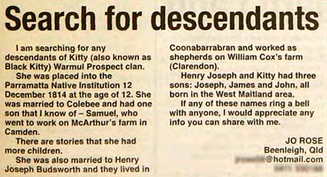 Newspaper cut-out showing a personal ad of Jo Rose looking for family members.