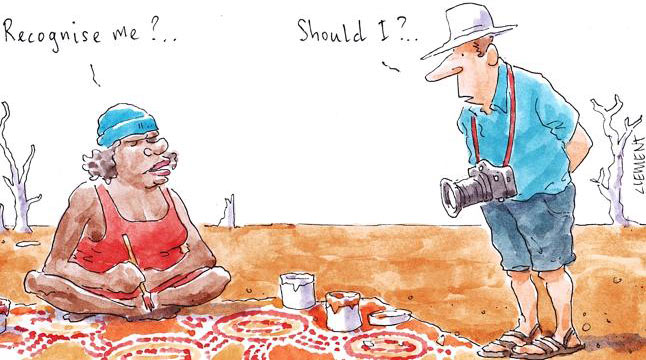 An Aboriginal woman sitting in the desert doing a painting, meeting a white person. 'Recognise me?' she asks. 'Should I?' asks the white person.