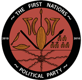 Logo of the First Nations Political Party showing spears, boomerangs and shields.