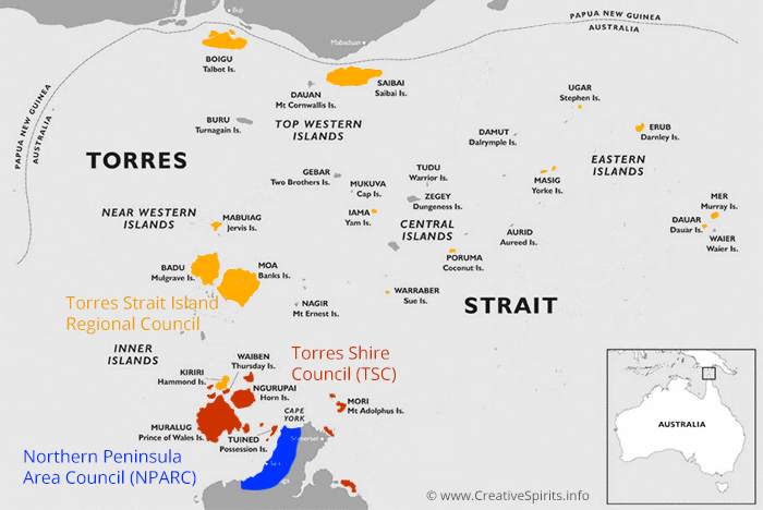 Map of the Torres Strait showing the location of its islands which are coloured depending on the council they belong to.