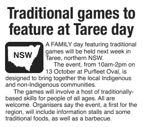 Newspaper article: Traditional games to feature at Taree