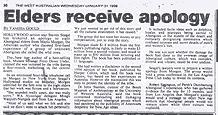 Newspaper article: 'Elders receive apology'.