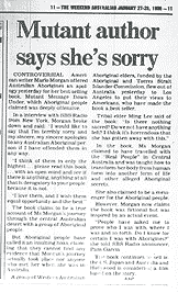 Newspaper article: 'Mutant Author says she's sorry'.