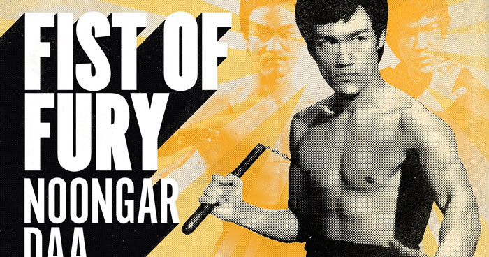 Poster showing Bruce Lee in a fighting position along with the film title.