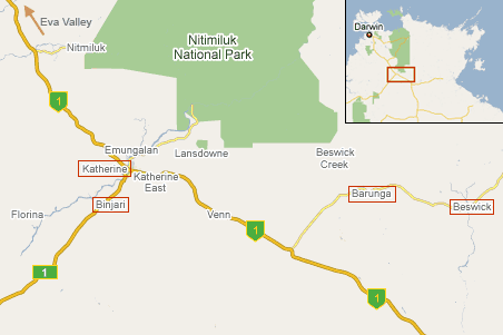Map showing the communities around Katherine where the film team followed the intervention.