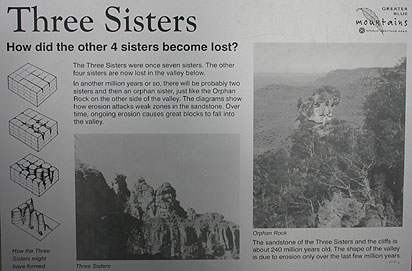 Three Sisters. This sign in the National Park explains how the Three Sisters came about.