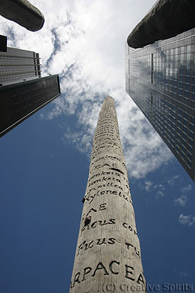 Edge of the Trees sculpture. The wooden pole shows names of Eora people and places.