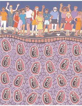 A group of tourists waving while standing on ground where Aboriginal prisoners have been buried.