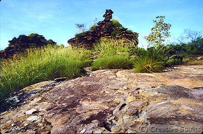 Dreaming site. The rock in the background is part of a Dreaming. In the foreground right you can see some marks left by Aboriginals sharpening their weapons.