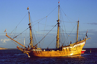 Shark Bay. Duyfken replica. The Duyfken approaching Denham in late evening light.